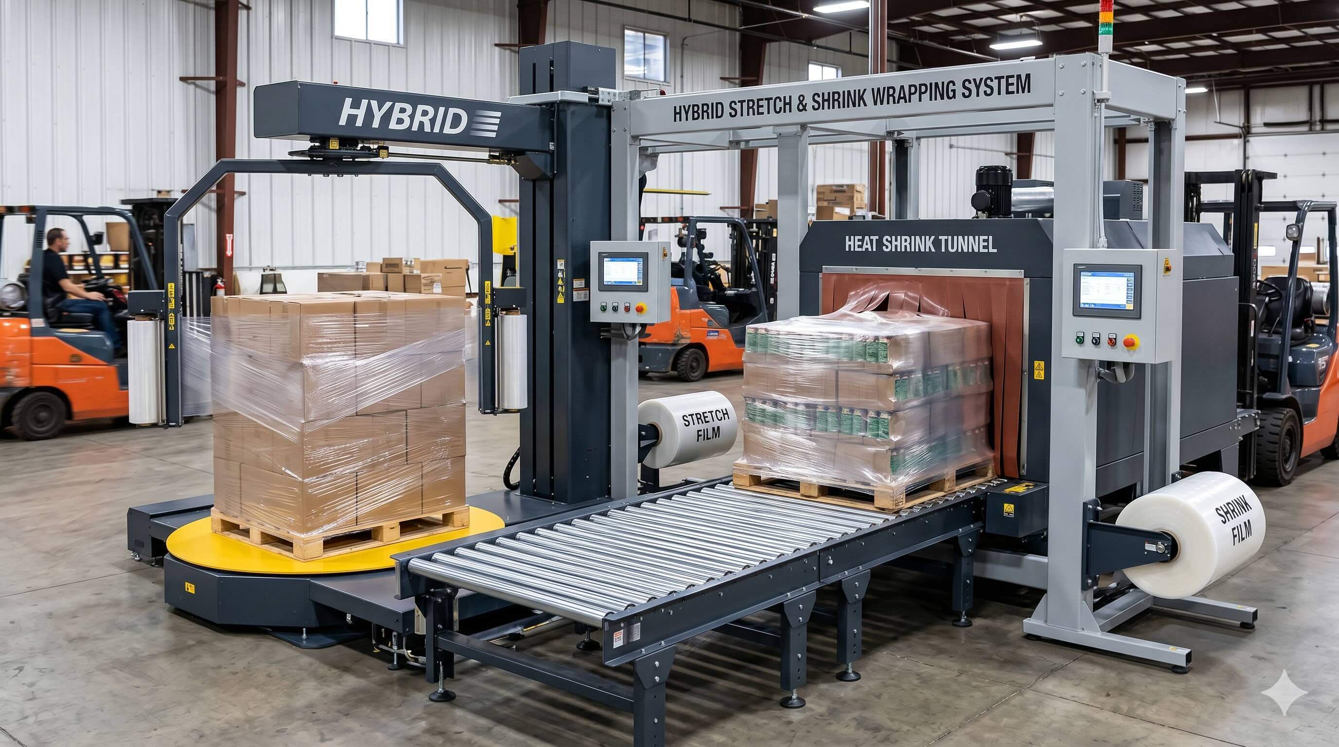 Stretch and shrink wrapping machine